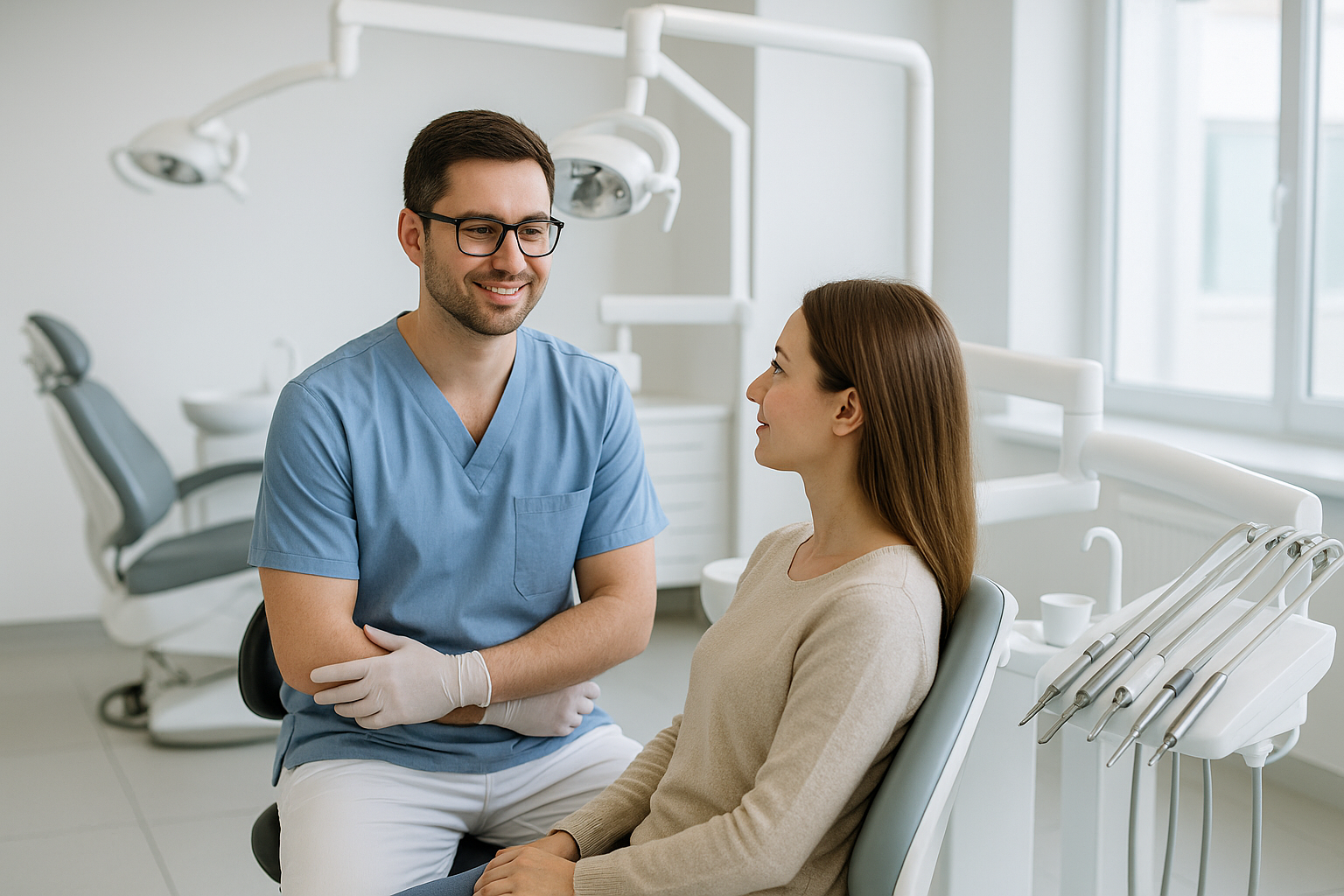 Clinic interior with a dentist consulting a patient
